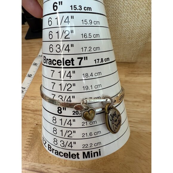 Brighton Silver & Gold-Tone Bangle Bracelet W/ Charms "Joy To The World" & Heart - Picture 3 of 8